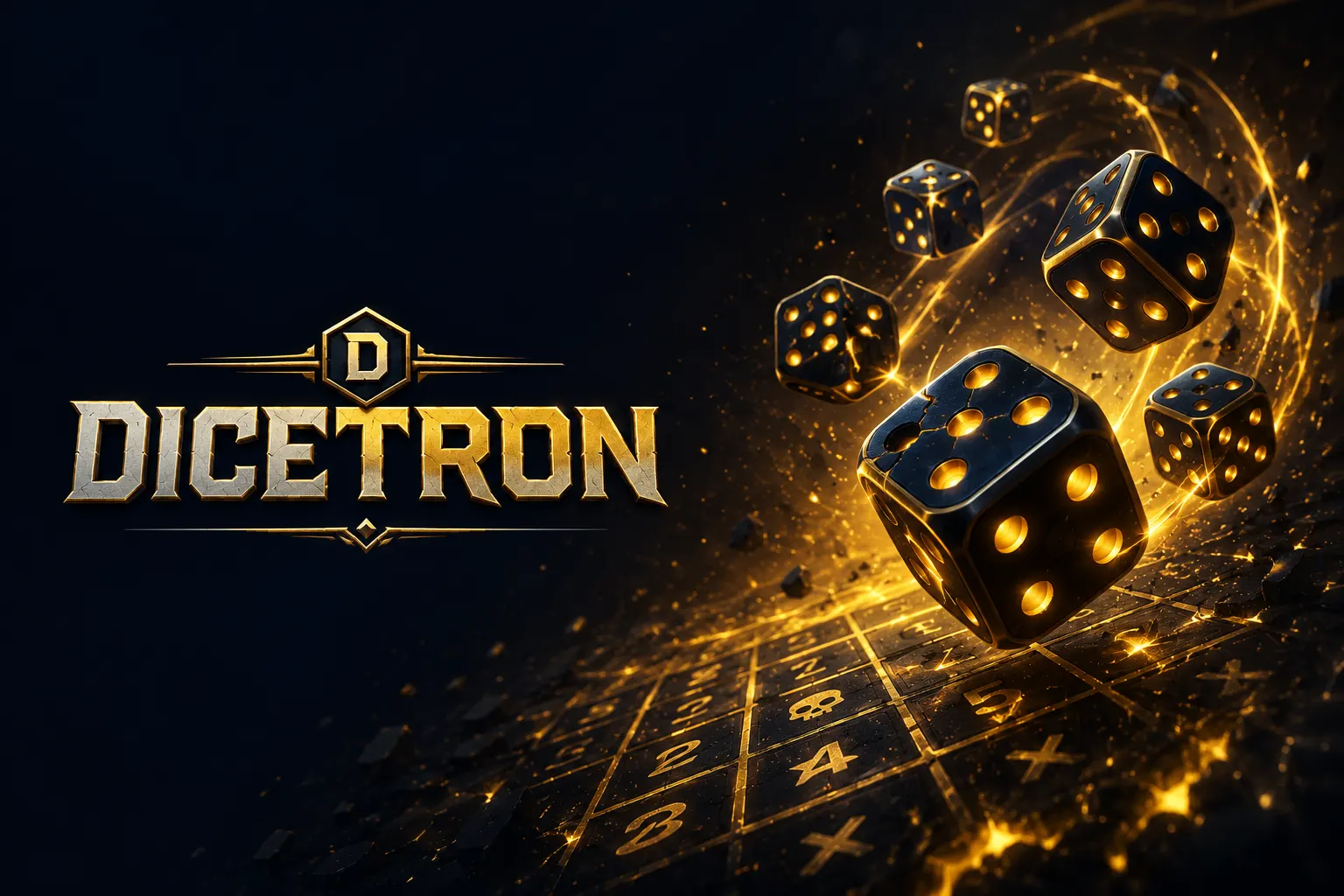 Dicetron logo beside glowing gold dice tumbling over a Yamb scorecard