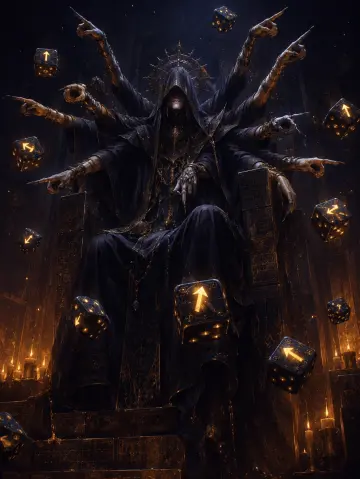 The Manipulator, a hooded figure with spectral hands arranging glowing dice