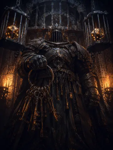 The Warden, an armoured jailer with a ring of keys and caged dice